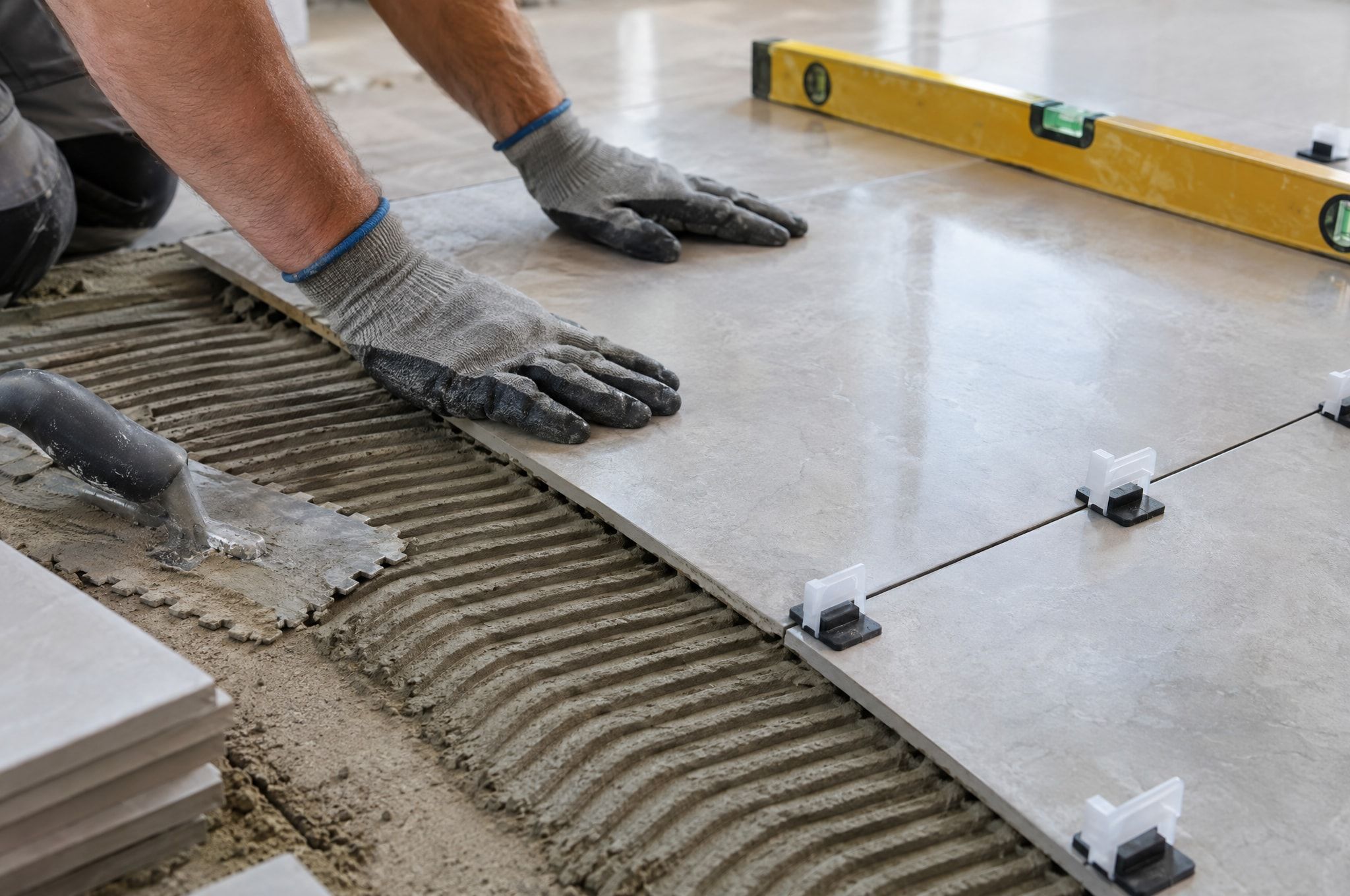 Large-format porcelain tile being set into combed mortar with a leveling system