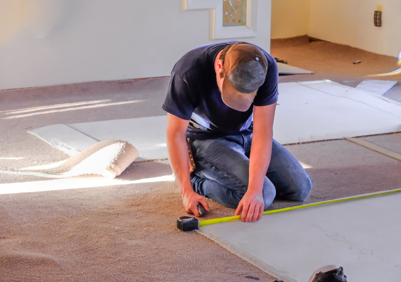 Flooring installer measuring carpet for installation