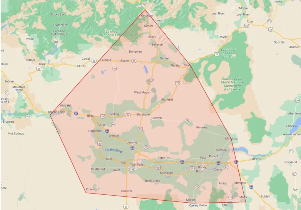 Map showing the service areas of the Magic Valley in Idaho