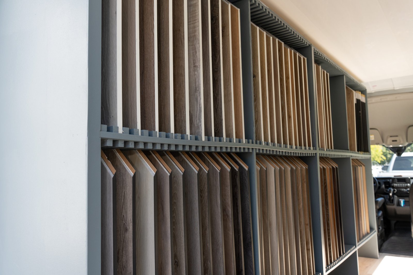 Interior of Mobile Showroom Interior of mobile showroom showing flooring samples.