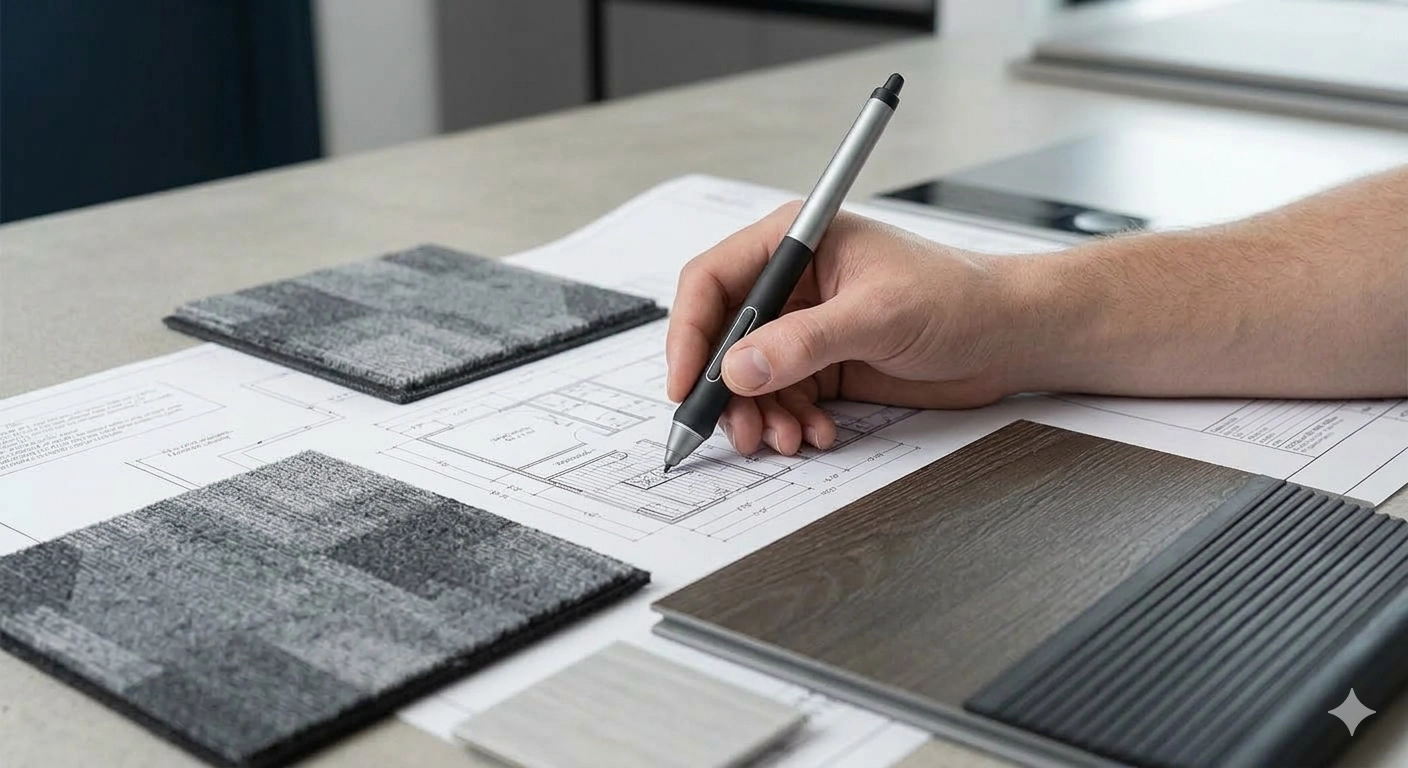 Professional flooring consultant using digital tools to map commercial carpet and LVP specifications onto an architectural floor plan in Twin Falls.