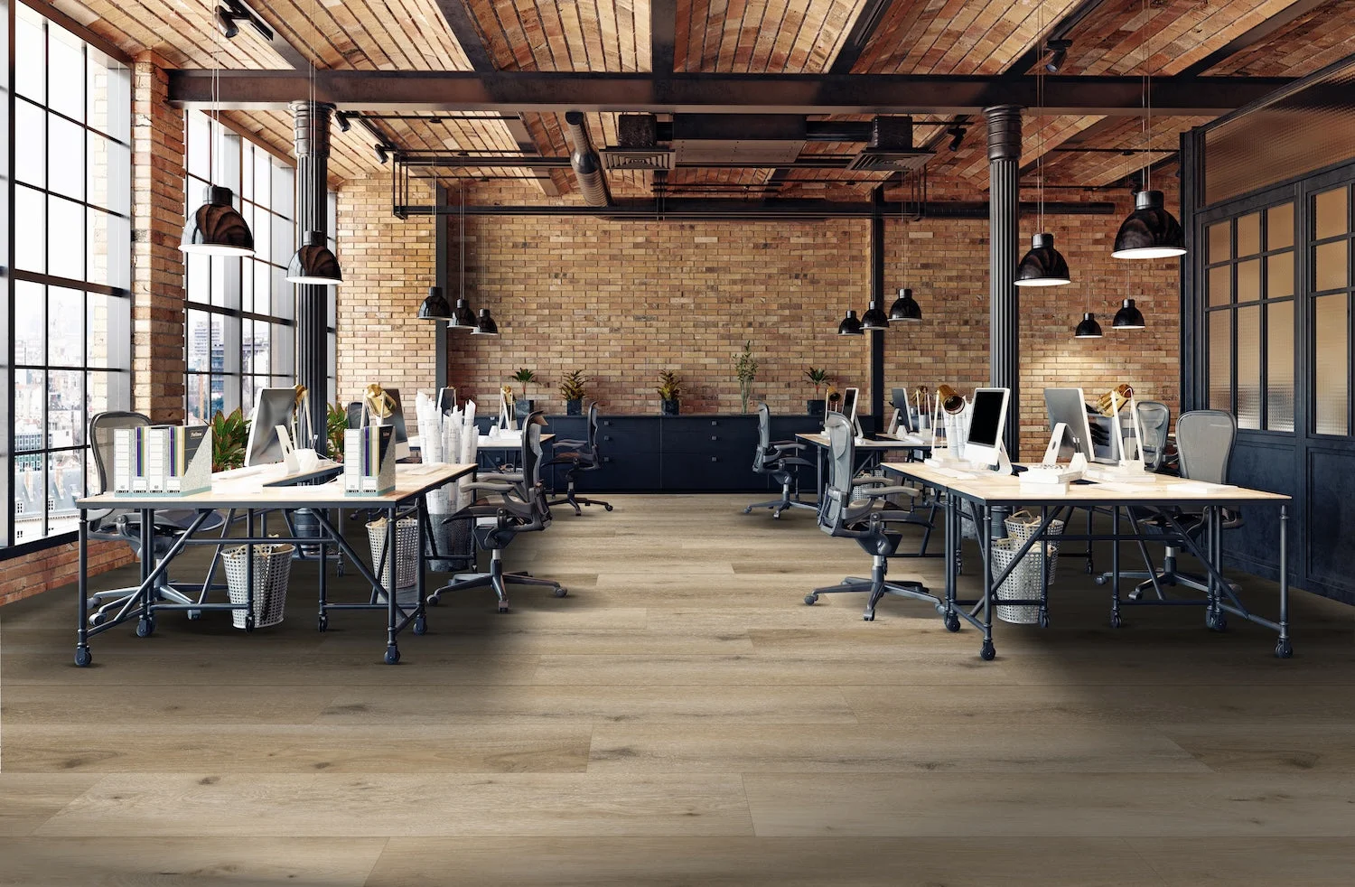 Durable fusion beige laminate flooring installed in a modern open-concept space in Twin Falls.