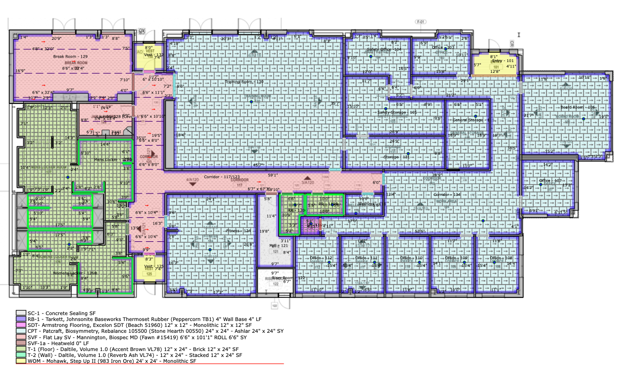 Professional digital flooring takeoff showing color-coded product zones for a commercial office layout in Southern Idaho.
