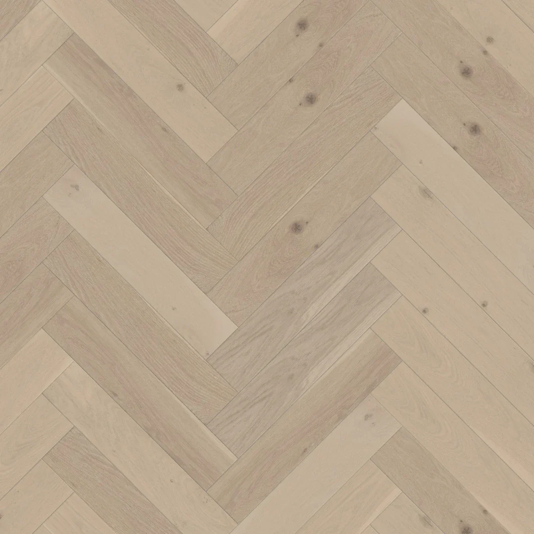 Taiga muted brown engineered hardwood in a luxury herringbone layout.