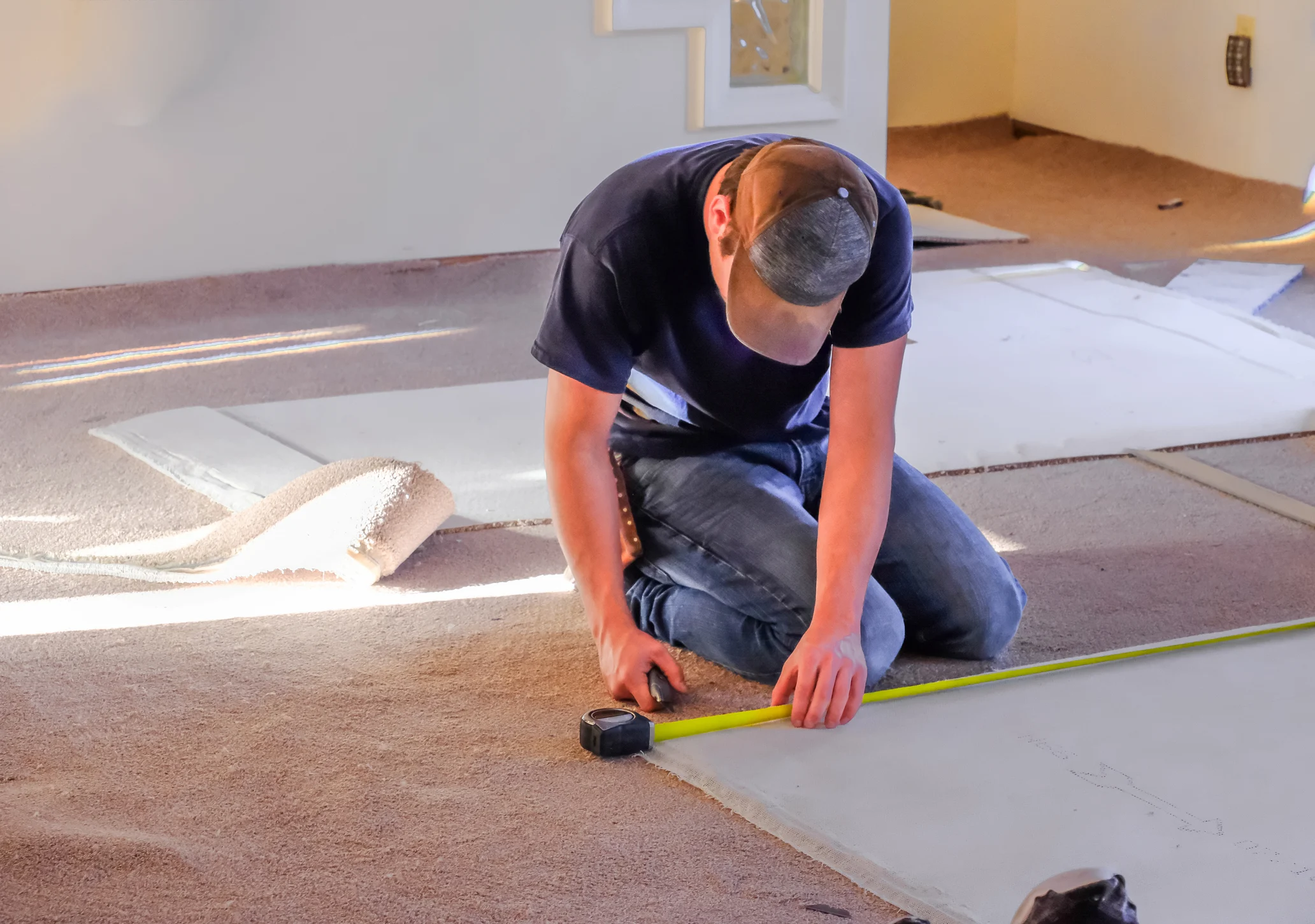 Flooring subcontractor measuring and cutting carpet padding for a residential installation project.